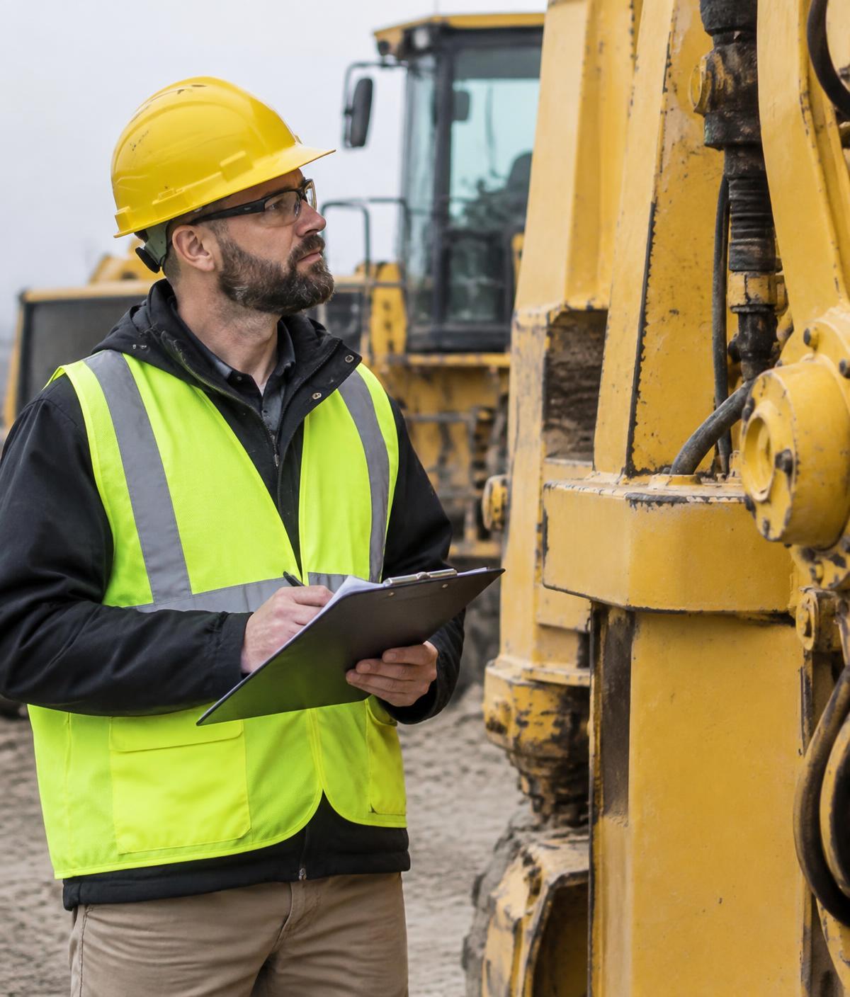 Profissional de segurança do trabalho inspecionando equipamento em obra